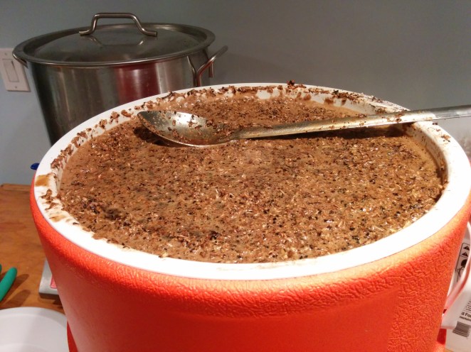 Full mash tun while brewing the Russian Imperial Stout for my wedding. 28.25 lbs of grain for a 6 gallon batch.